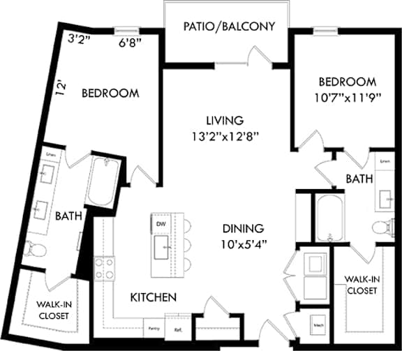 A black and white image of a floor plan for a home with a living room, dining room, kitchen, two bathrooms, and two bedrooms.