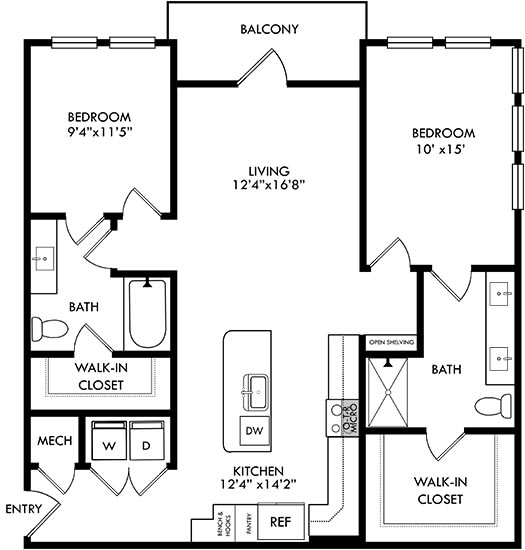 2 bedroom 2 bath floorplan. Entrance opens to full size washer/dryer closet and leads to kitchen with a bench and hooks and open shelves. Kitchen with l-shaped counters and island. open to living area. Bedrooms on opposite sides of the floorplan with bathrooms and walk-in closets. balcony access off of living room