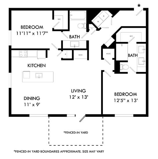 A black and white image of a house floor plan with a fenced-in yard.