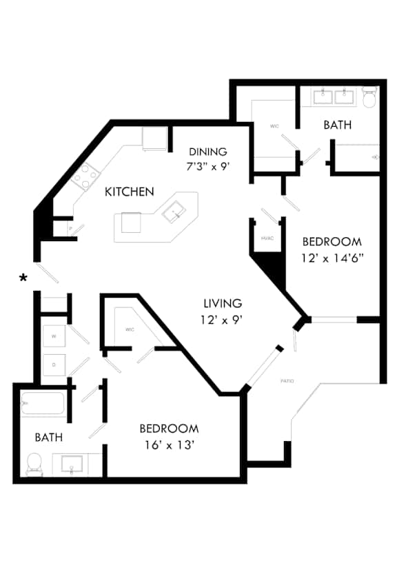 A black and white image of a house floor plan with a kitchen, dining room, living room, and two bedrooms.