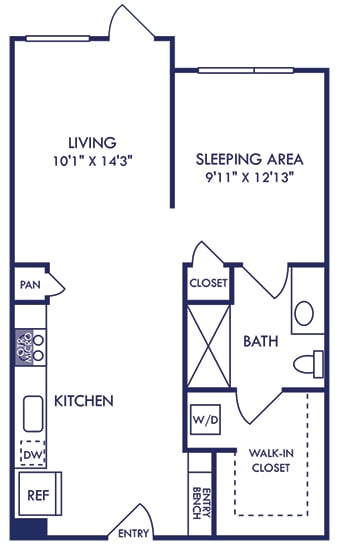 a studio apartment with an entry bench . stackable washer and dryer. Kitchen runs along the side wall of the apartment with the living and sleeping area located in back of apartment. Walk-in closet and bathroom with garden soaking tub. patio or balcony.