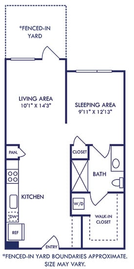a studio apartment with an entry bench . stackable washer and dryer. Kitchen runs along the side wall of the apartment with the living and sleeping area located in back of apartment. Walk-in closet and bathroom with garden soaking tub. patio with Fenced-in yard