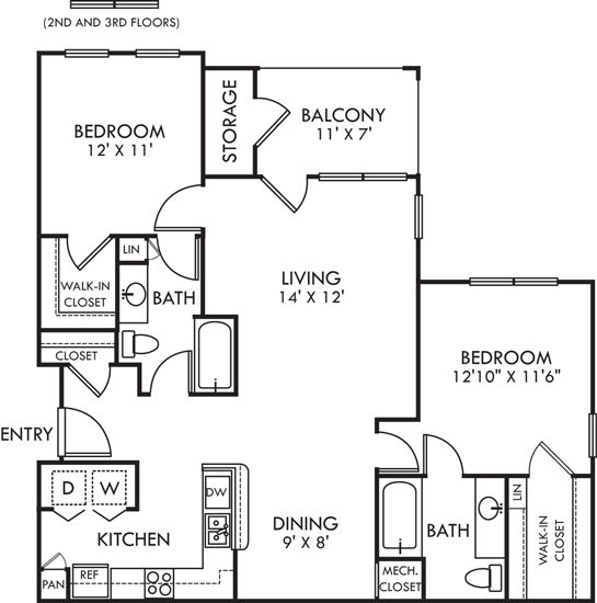 A black and white image of a floor plan for a two and three bedroom apartment.