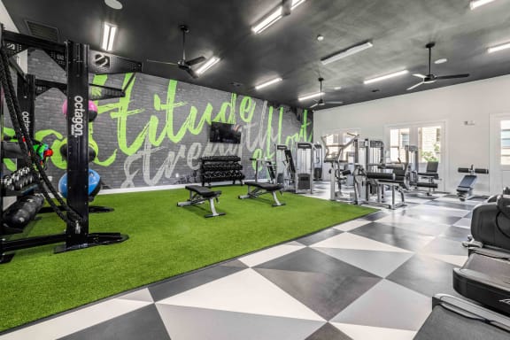 a gym with a green rug and weights on a black and white checkered floor