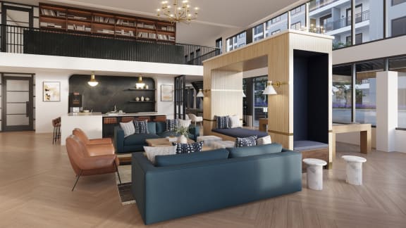 a rendering of a club room with blue couches and chairs