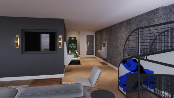 a view of a living room with a staircase and a game room in the background