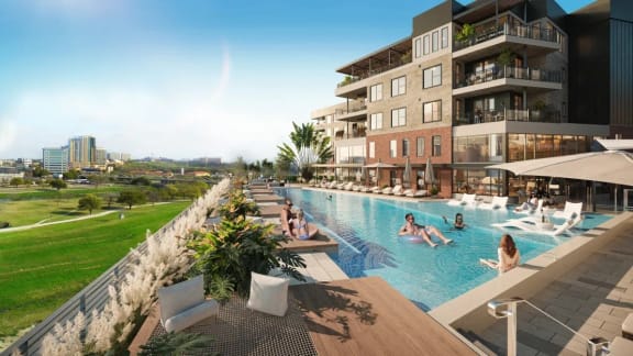 a rendering of the pool area at the new Bexley Left Bank South Apartment Buildings