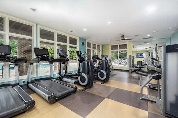 A gym with treadmills, elliptical machines, and other exercise equipment.
