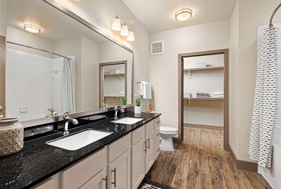 A bathroom with a black countertop and a large mirror.