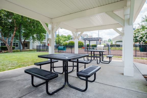 a covered picnic area with benches and tables