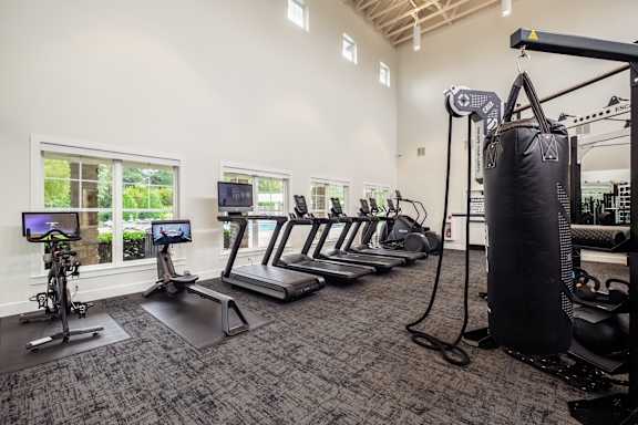 A well-equipped home gym with a treadmill, exercise bike, and a punching bag.