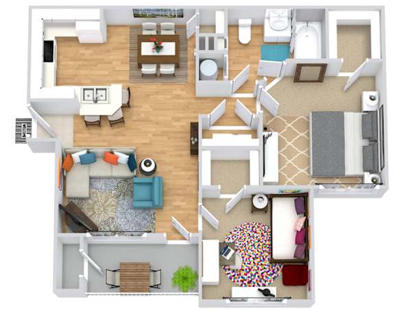 A top-down view of a house layout with a kitchen, living room, and bedrooms.
