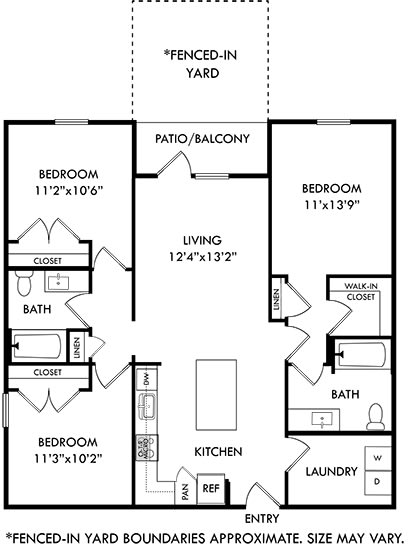 The 3 bedroom 2 bath Norris floorplan.  entry opens to l-shaped kitchen with island that overlooking living area. entrance to patio with fenced-in yard off of living area. secondary and tertiary bedrooms on opposite side of floorplan from primary.