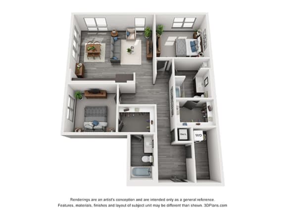 2 bedroom floorplan with entrance hall leading to Laundry room. Next stop is the twwo bedrooms and a guest bath. Primary bedroom has Walk-in closet that leads to private bath. Kitchen/living/dining area in back corner of apartment.