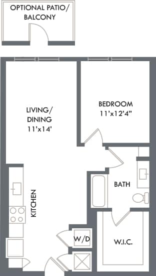 A floor plan of a small apartment with an optional balcony.