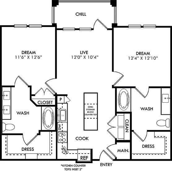 The Ranger. 2 bedroom apartment. Kitchen with island open to living room. 2 full bathrooms, double vanity in master. Walk-in closets. Patio/balcony.