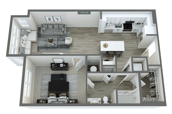 A 3D floor plan of a house with two living rooms, one with a fireplace, and a kitchen area.