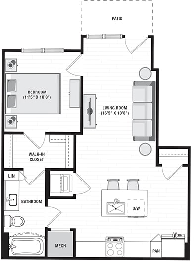1 bedroom first floor apartment  entry opens into living room area which leads to the kitchen with island and pantry. Stackable Washer/Dryer. Guest access to bathroom. bathroom leads to large walk-in closet which is attached to the bedroom.