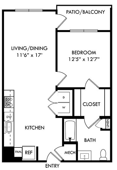 1 bedroom 1 bath cypress floorplan. Entry opens to kitchen with L-shaped kitchen which opens into the living and dining area. bedroom off of living area. closet in bedroom leads to private bath with linen closet.