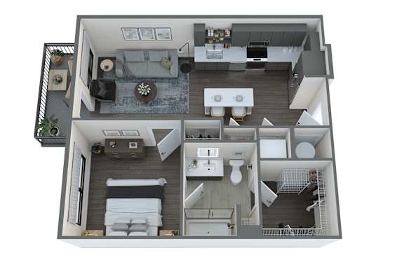 a 3d floor plan of a 2100 sq ft apartment