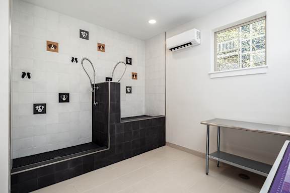 A bathroom with a shower, a window, and a bench.