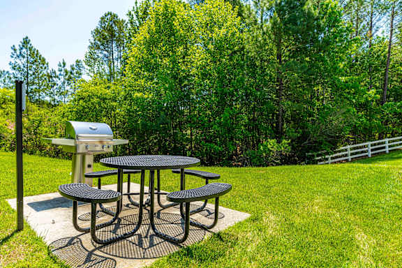 A picnic table with a grill is set up in a grassy area.