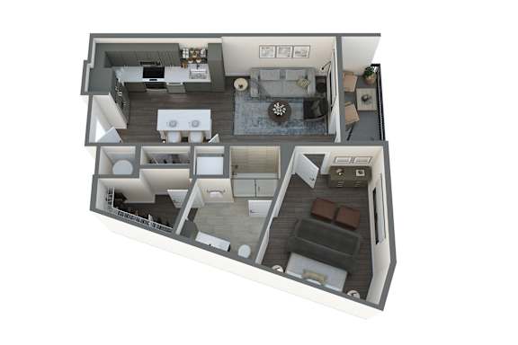 a 3d floor plan of a 2100 sq ft apartment