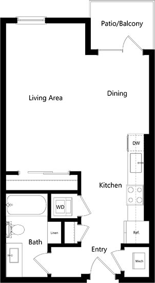 studio with stackable w/d at entrance. full bath with linen shelves. Kitchen with Pantry. Living/Dining/Sleeping areas.