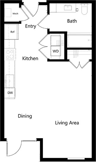 studio with full size w/d full bath at entrance. Kitchen with dishwasher. Living/Dining/Sleeping Area