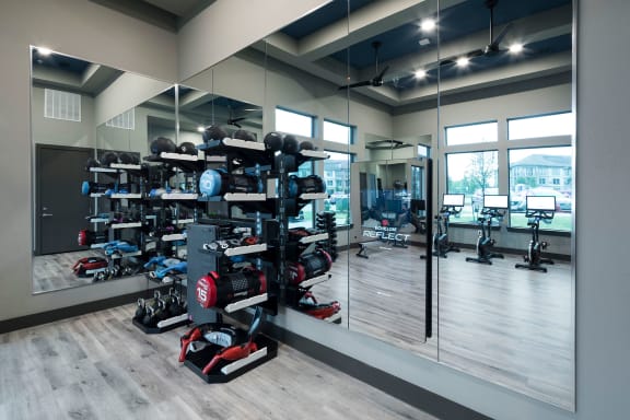 a fitness room with weights and cardio machines and mirrors