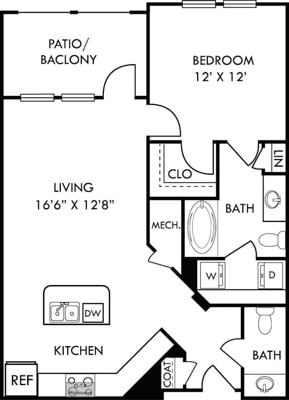 A black and white image of a floor plan for a home with a living area, kitchen, bathroom, and bedroom.