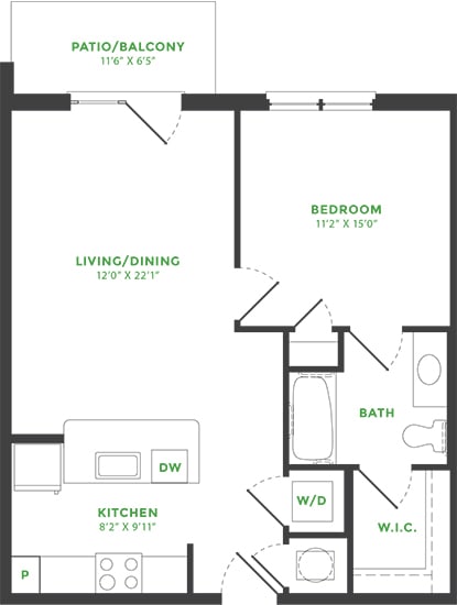 1 Bedroom floorplan with kitchen and island peninsula bedroom with private bath. Walk-in Closet. Patio/Balcony.