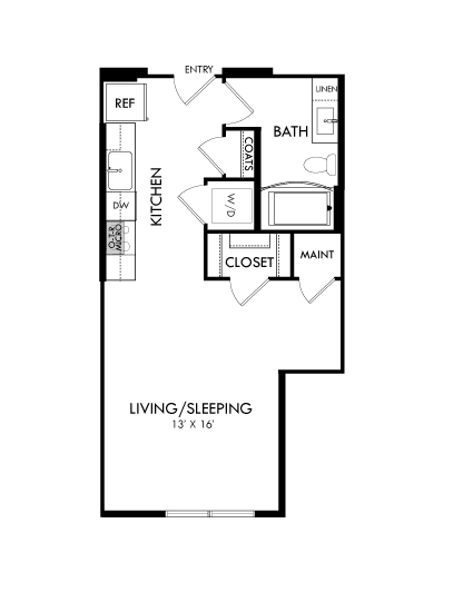A floor plan of a house with a kitchen, bathroom, and living room.