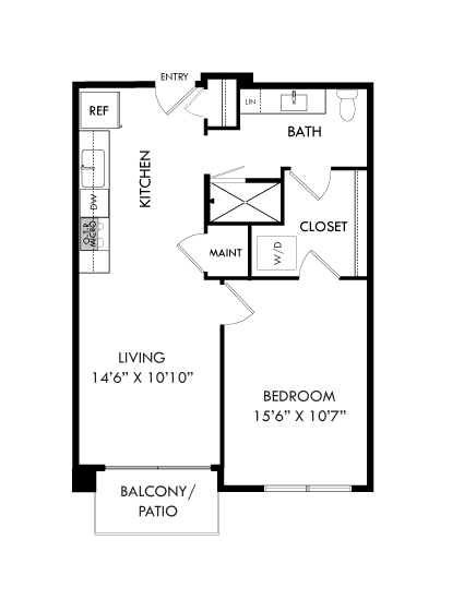 A floor plan of a house with a kitchen, living room, and bathroom.