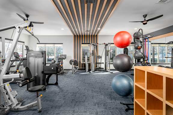 A gym with a variety of equipment including a weight bench, a rowing machine, and a squat rack.