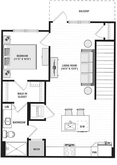 1 bedroom 2nd floor apartment. Stairs open into kitchen area with island and pantry.  island overlooks the living room. Bedroom is off of the living room. with large walk-in closet  that connects to the bathroom. Standalone glass shower with guess access door. Stackable Washer/Dryer in closet in kitchen area. Large balcony off of the living room.