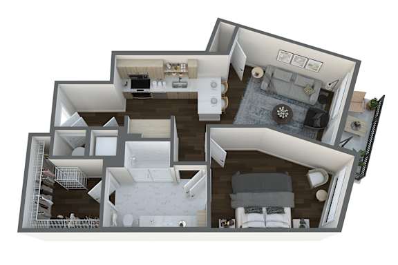 a 3d floor plan of a house with a bedroom and a living room