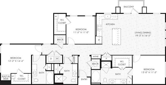 A floor plan of a house with a balcony, two bedrooms, a living/dining area, a kitchen, and a wine cellar.