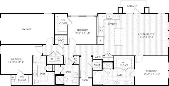 A floor plan of a house with a garage, two bedrooms, a living area, a kitchen, and a wine cellar.
