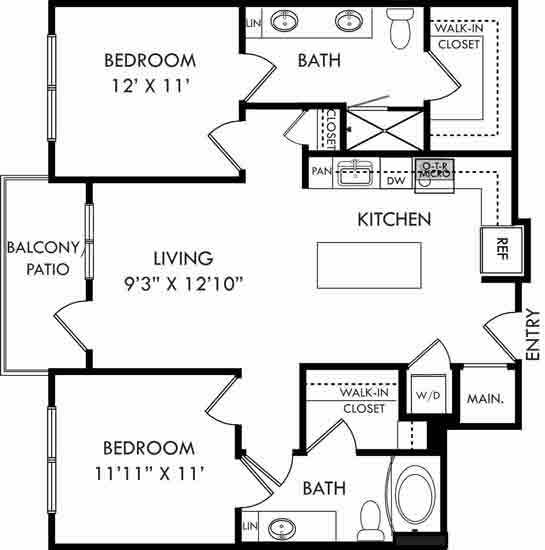 A black and white image of a floor plan for a home with a living room, kitchen, and three bedrooms.