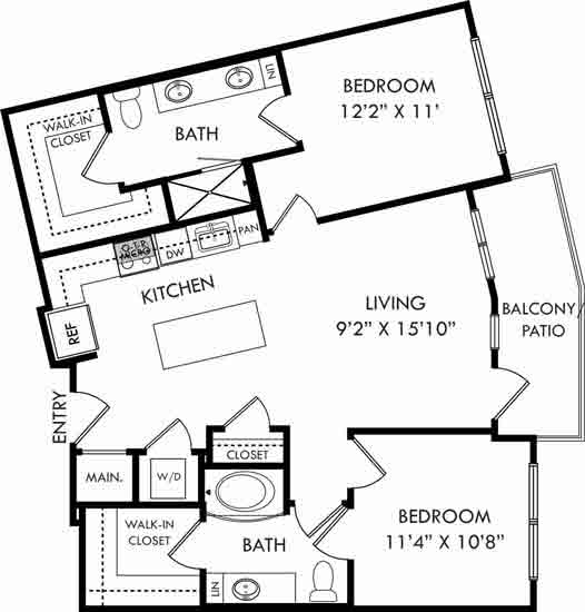 A floor plan of a home with two bedrooms, a living area, a kitchen, and a bathroom.