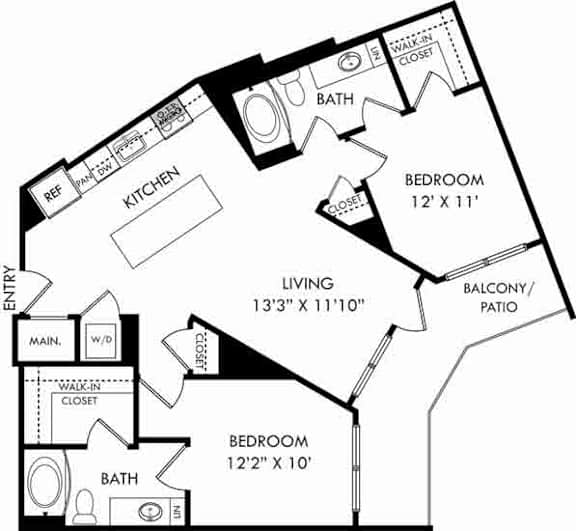 A black and white image of a house floor plan with a living area, two bedrooms, a kitchen, a bathroom, a balcony/patio, and an entry way.