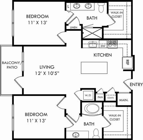 A black and white image of a floor plan for a home with a living area, kitchen, and three bedrooms.