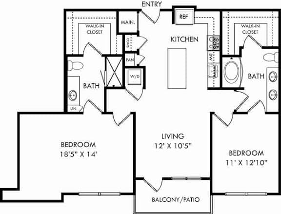 A black and white image of a house floor plan with two bedrooms, a living room, kitchen, bathroom, and balcony.