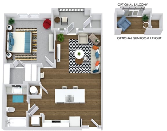 1 bedroom 1 bath floorplan. entry opens to kitchen with island. Laundry in kitchen. Bathroom next to laundry. Kitchen overlooks living area. bedroom has walk-in closet. Balcony or option of Sunroom with optional balcony.