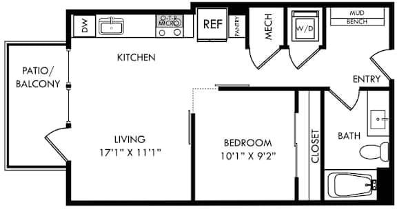 A black and white image of a floor plan for a small apartment.