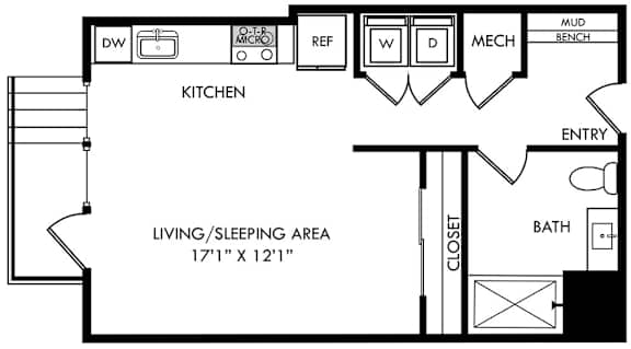 A black and white floor plan of a small apartment with a living/sleeping area, kitchen, bathroom, and closet.