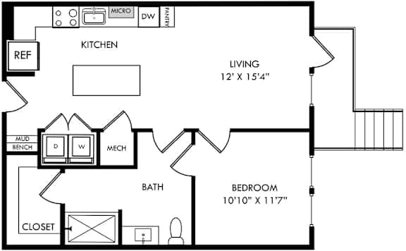 A black and white floor plan of a small apartment with a living area, kitchen, bathroom, and bedroom.