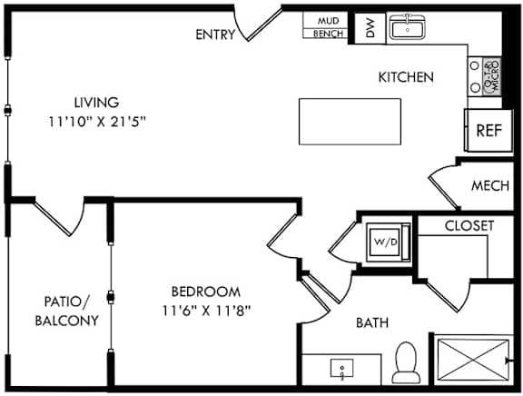 A black and white floor plan of a small apartment.