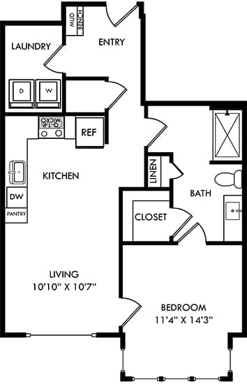 A black and white image of a floor plan for a small apartment.